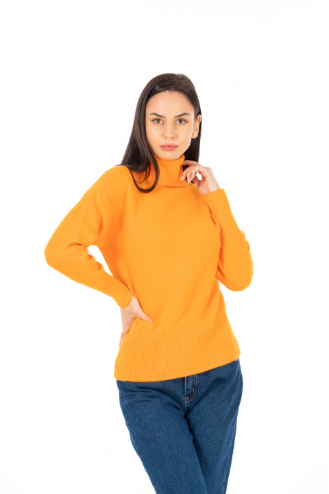Дамски плетен пуловер в оранжево с поло яка