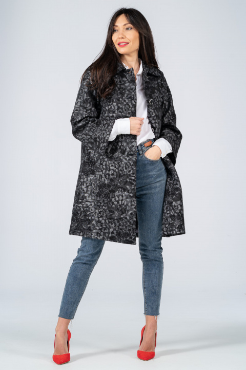 Дамска тънко палто със сив флорален принт на черен фон