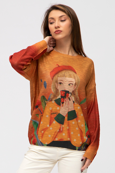 Дамски пуловер фино плетиво с акварелен принт момиче и чаша