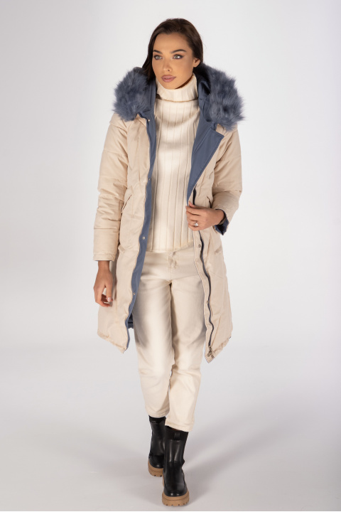 Дамско зимно двулицево яке в бежово и синьо