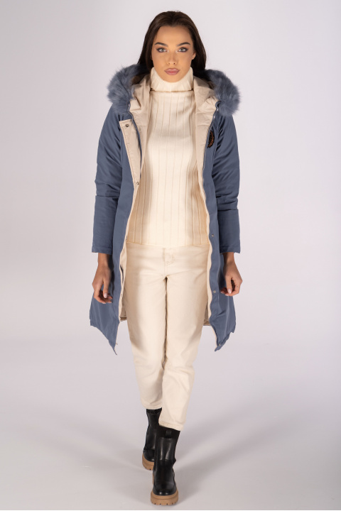 Дамско зимно двулицево яке в бежово и синьо