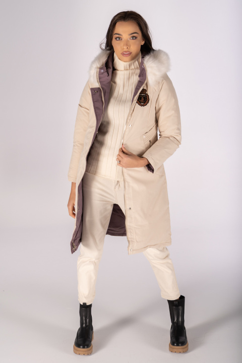 Дамско зимно двулицево яке в бежово и лилаво