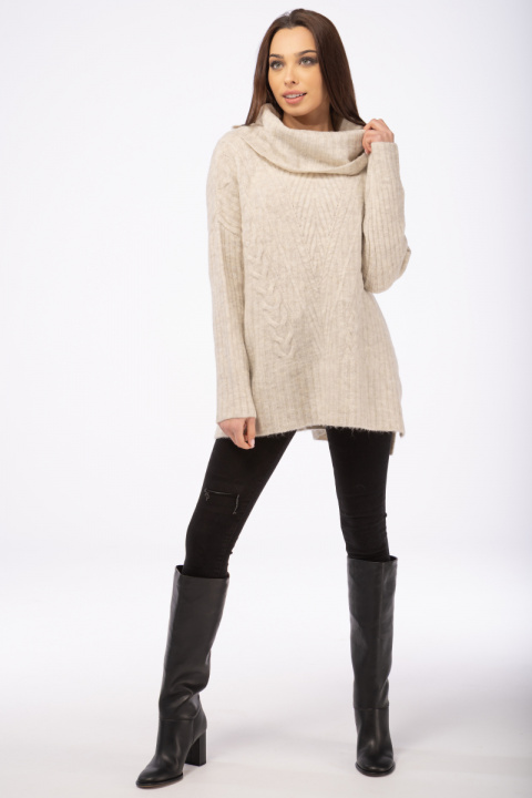 Дамски оувърсайз пуловер в светлосиво със широко поло и интересна плетка