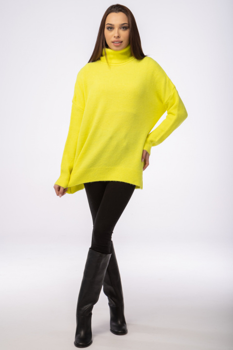 Дамски оувърсайз пуловер в неоново жълто с поло яка