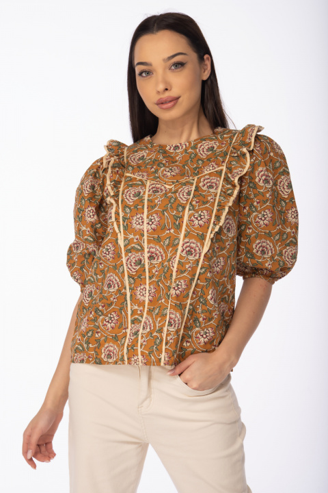 Дамска блуза в цвят горчица с флорален принт и харбали