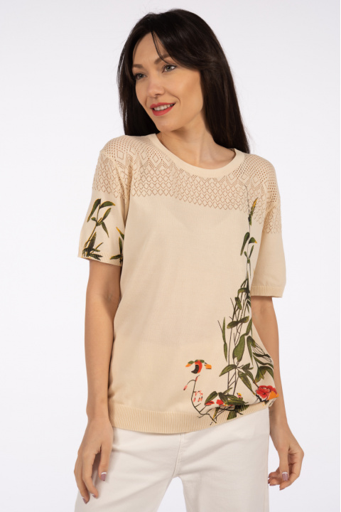 Дамска блуза в бежово с принт странични цветя