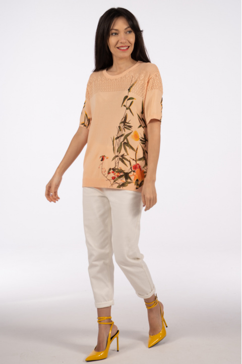 Дамска блуза в прасковено розово с принт странични цветя