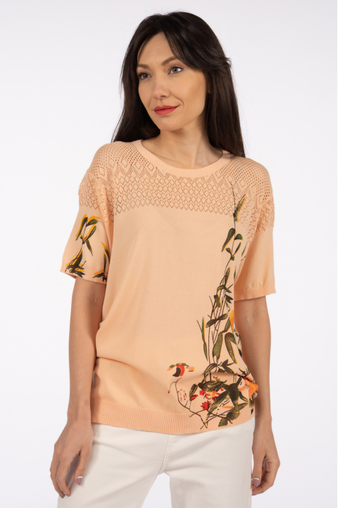 Дамска блуза в прасковено розово с принт странични цветя