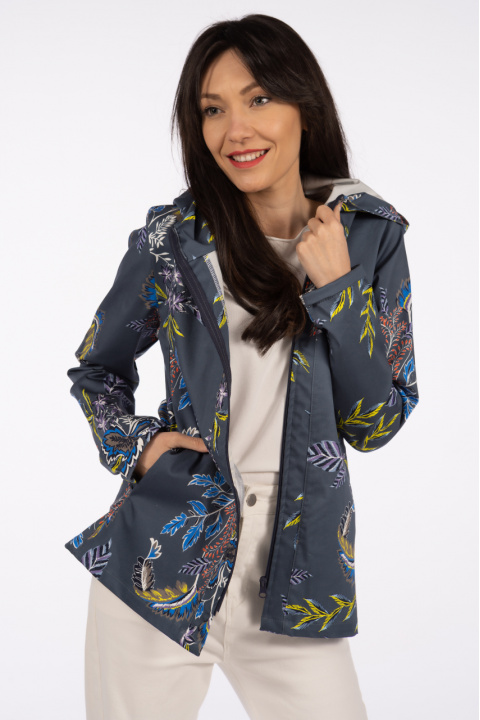 Дамско тънко яке в сиво-синята гама с принт цветни листа