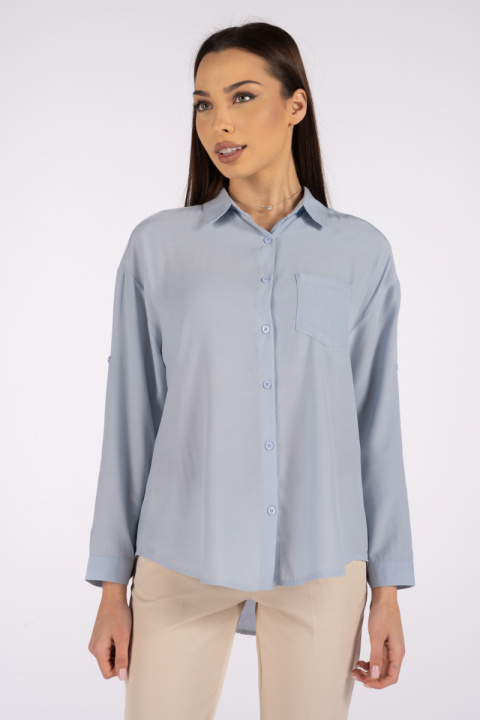 Дамска риза в синьо с един джоб, свободен размер