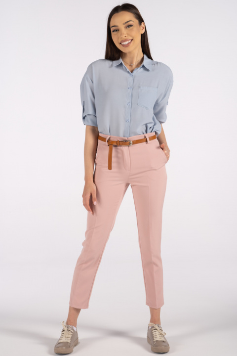 Дамски панталон в розово с италиански джоб, кожен колан и ръб отпред