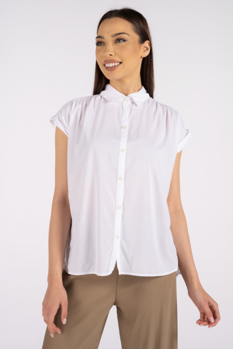 Дамска риза от памук в бяло с къс паднал ръкав
