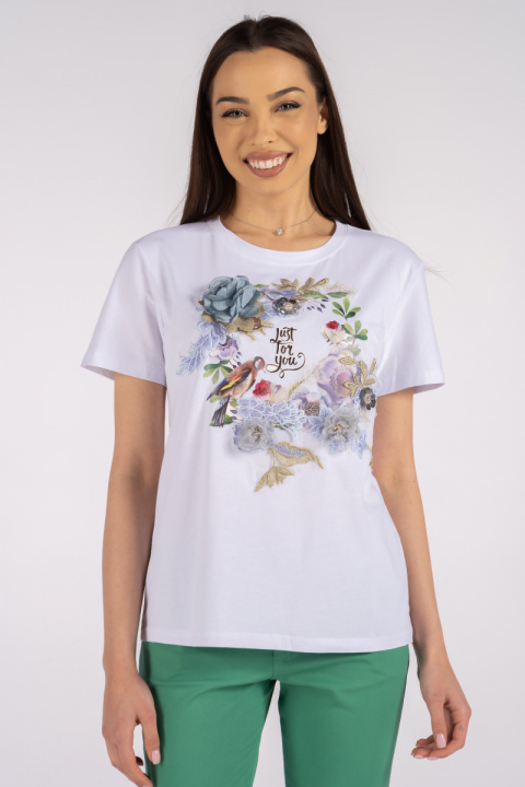 Дамска тениска в бяло с щампа птица и 3Д цветя с тюл и пайети