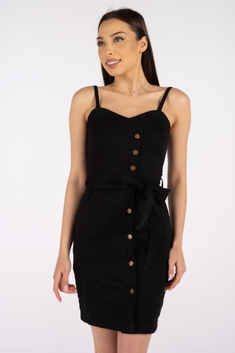 Дамска рокля от черен деним с копчета и тънки презрамки