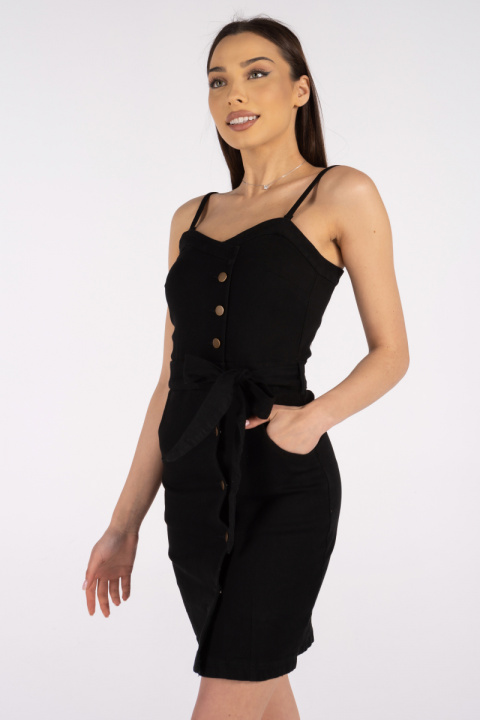 Дамска рокля от черен деним с копчета и тънки презрамки