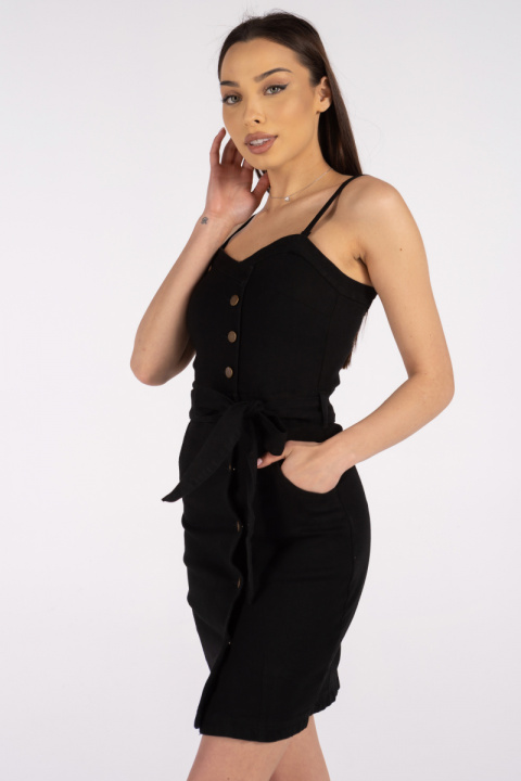 Дамска рокля от черен деним с копчета и тънки презрамки