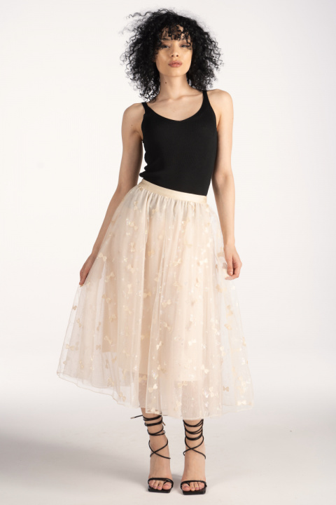 Тюлена пола в светлобежово с принт пеперуди и бродирани панделки