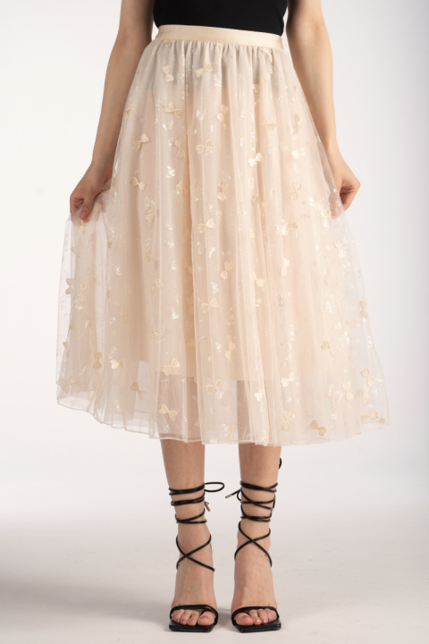 Тюлена пола в светлобежово с принт пеперуди и бродирани панделки