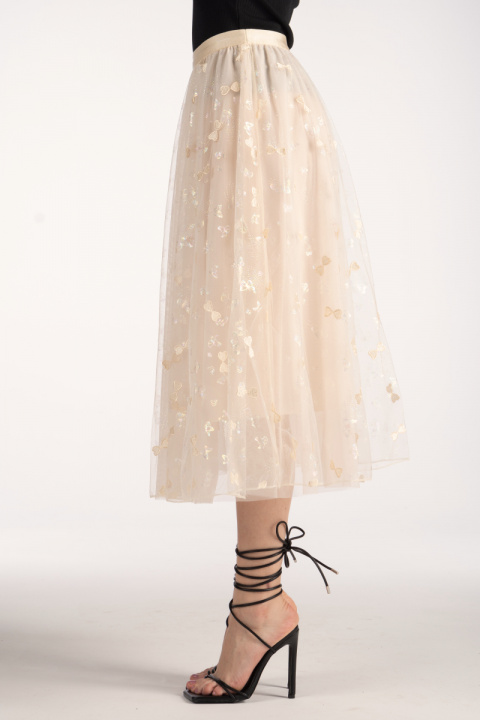 Тюлена пола в светлобежово с принт пеперуди и бродирани панделки