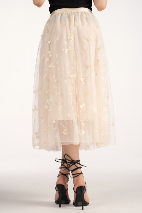 Тюлена пола в светлобежово с принт пеперуди и бродирани панделки