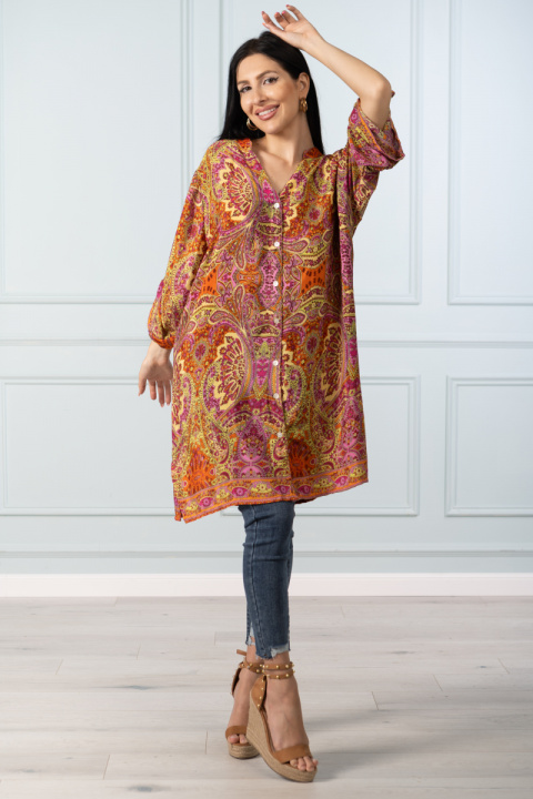 Дамска туника от коприна в розово и жълто с индийски принт и копчета