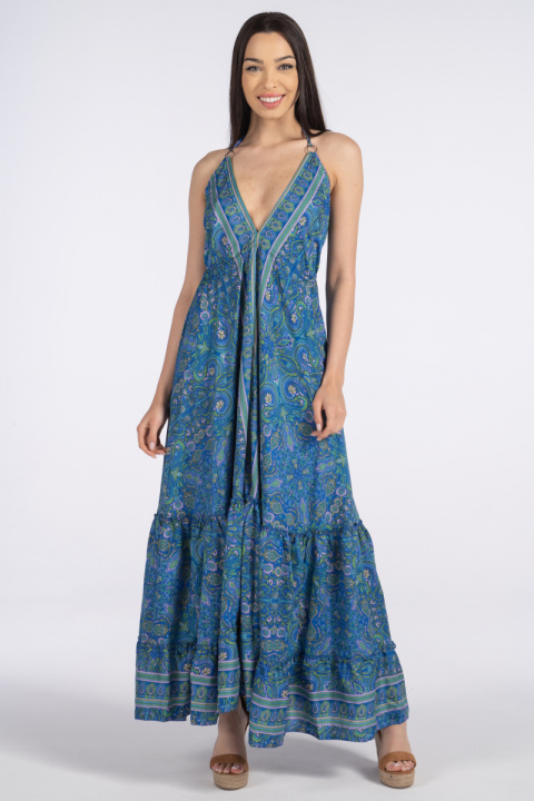Дълга рокля от коприна в турско синьо с гол гръб и зелен етно принт
