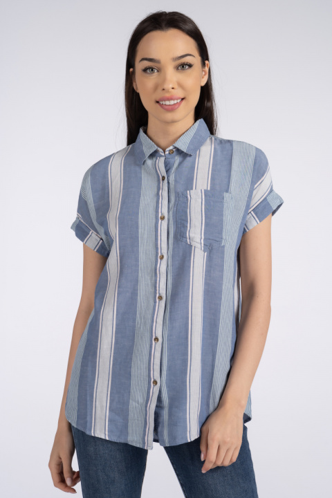 Дамска риза от памук с вертикално райе в синьо и розово