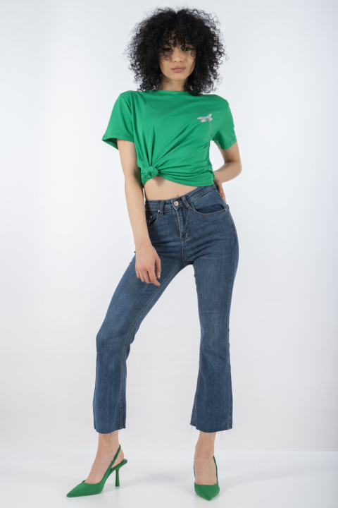 Дълги дънки тип чарлстон в синьо с разнищени краища