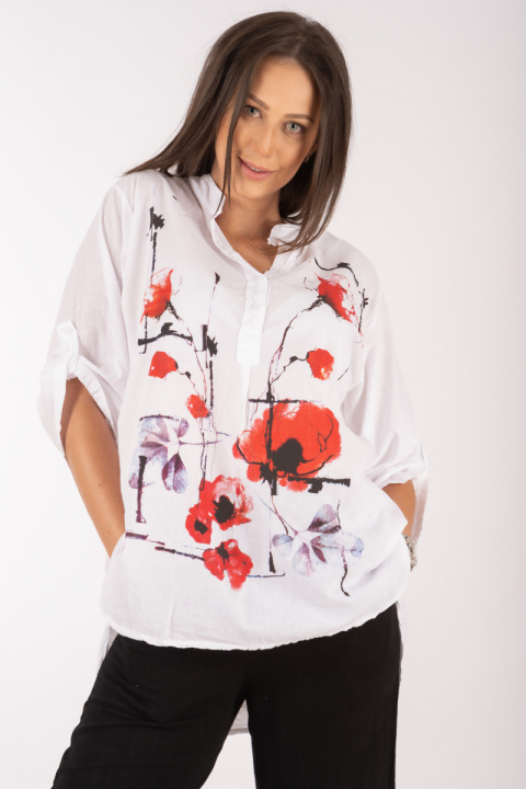 Дамска блуза тип туника от фин памук в бяло с принт червени макове