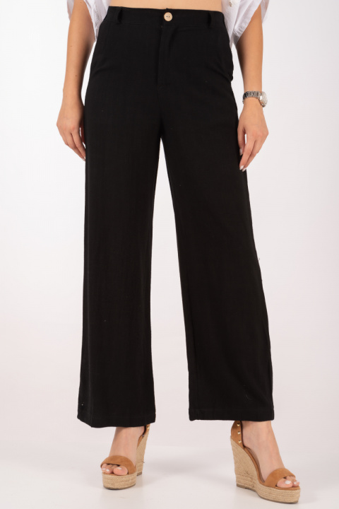 Дамски широк панталон от лен и памук в черно