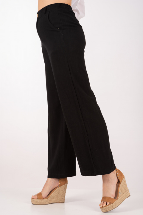 Дамски широк панталон от лен и памук в черно