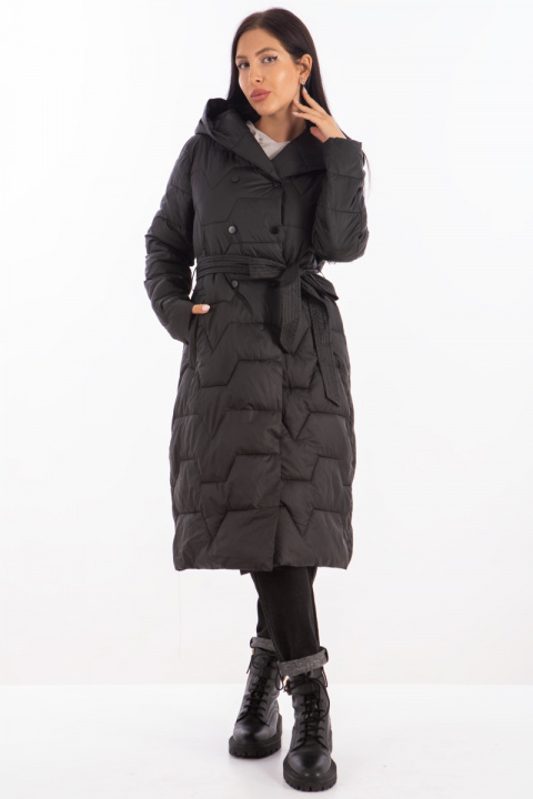 Дамско дълго зимно яке в черно с допълнителен колан