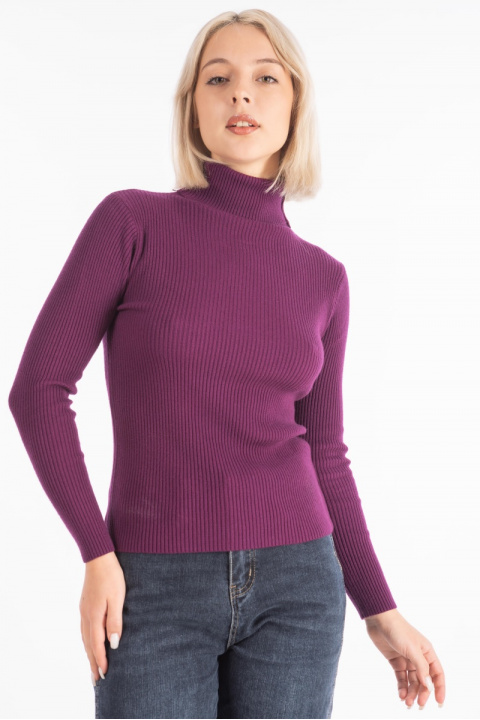 Дамски рипсен пуловер в лилаво с поло яка