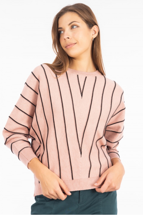 Дамска блуза в розово с прилеп ръкав и вертикални черни линии