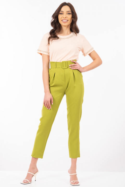 Дамски панталон с висока талия в зелено с широк колан