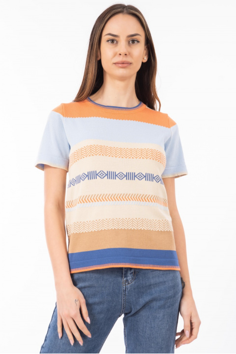 Дамска блуза от фино плетиво с принт в оранжево, синьо и бежово