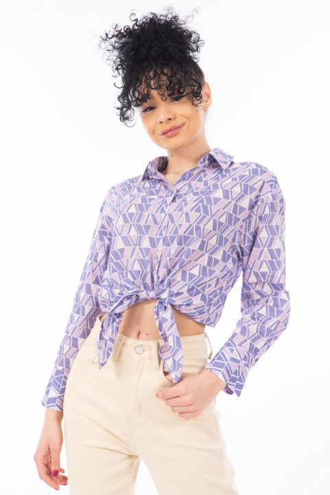 Дамска риза от памук с геометричен принт в лилаво и розово