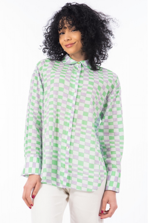 Дамска риза от памук с принт квадратчета в зелено и лилаво