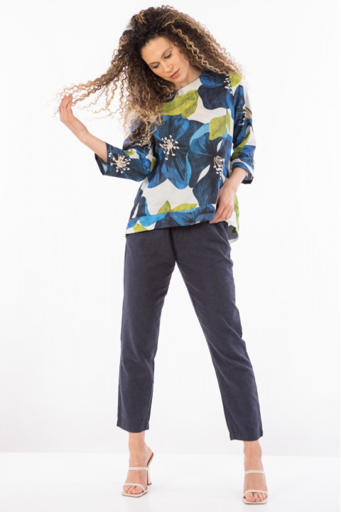 Дамски панталон от памук в тъмносиньо с връзка и ластик в талията