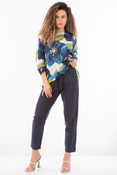 Дамски панталон от памук в тъмносиньо с връзка и ластик в талията