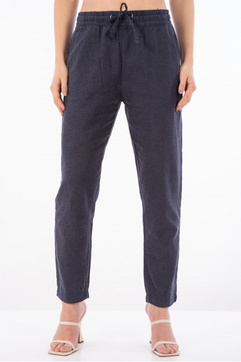 Дамски панталон от памук в тъмносиньо с връзка и ластик в талията