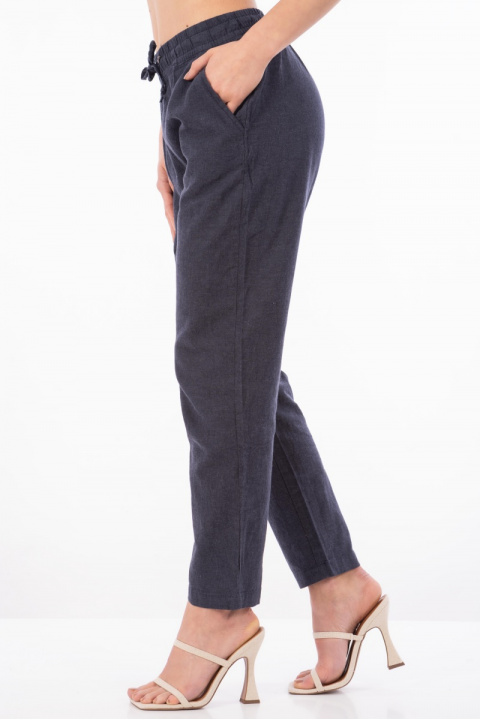 Дамски панталон от памук в тъмносиньо с връзка и ластик в талията