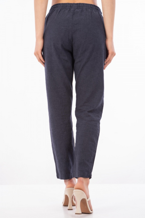 Дамски панталон от памук в тъмносиньо с връзка и ластик в талията