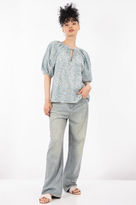 Дамска блуза от памук в синьо с 3/4 широк ръкав