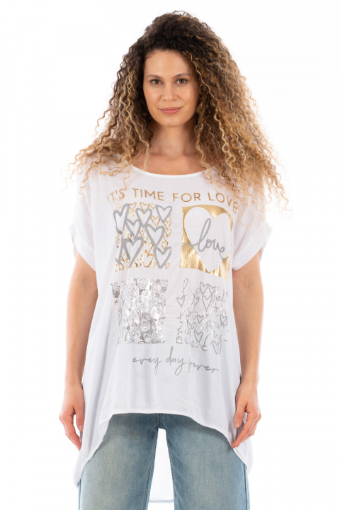 Дамска туника в бяло с щампа златисти и сребристи сърца