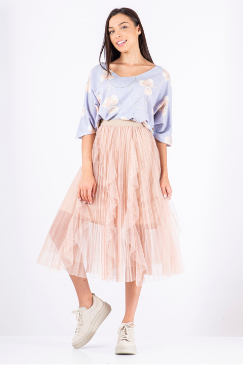 Дамска блуза от фино плетиво в светлолилаво с остро деколте и принт мечета