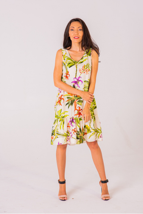 Дамска рокля в цвят екрю с принт цветя и листа