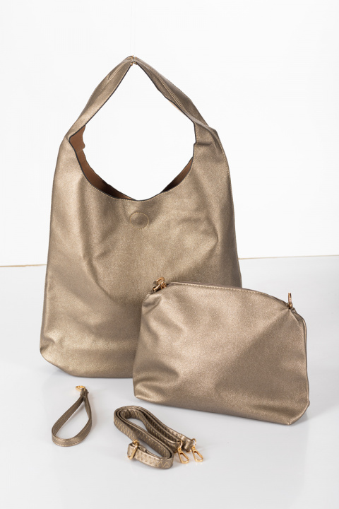 Дамска чанта тип торба 2в1 в златен бронз