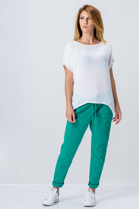 Дамски памучен панталон с връзка в зелено