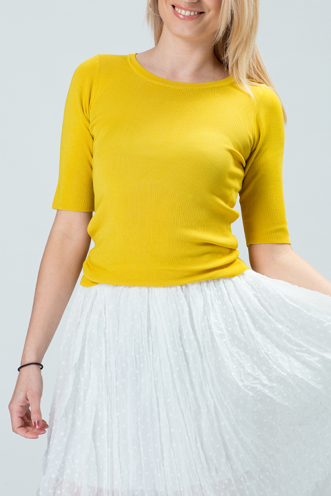 Дамска блуза от рипсено плетиво в цвят горчица